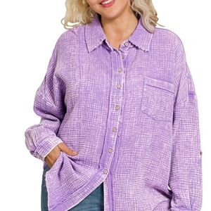 103 NWT Zenana Plus Washed Double Gauze Button Lavender Textured Top 1X 2X 3X
